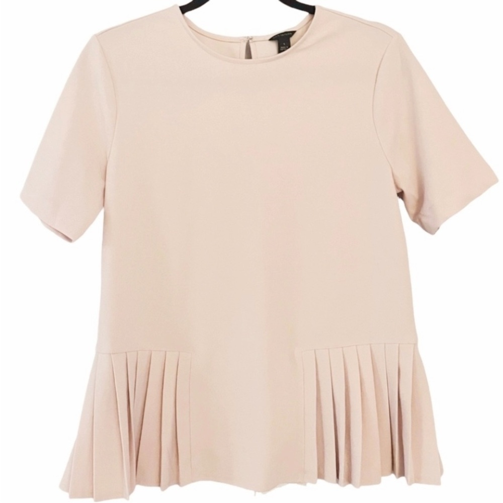 Ann Taylor Beige Blush Panel Pleats Short Sleeves Blouse Size Large New